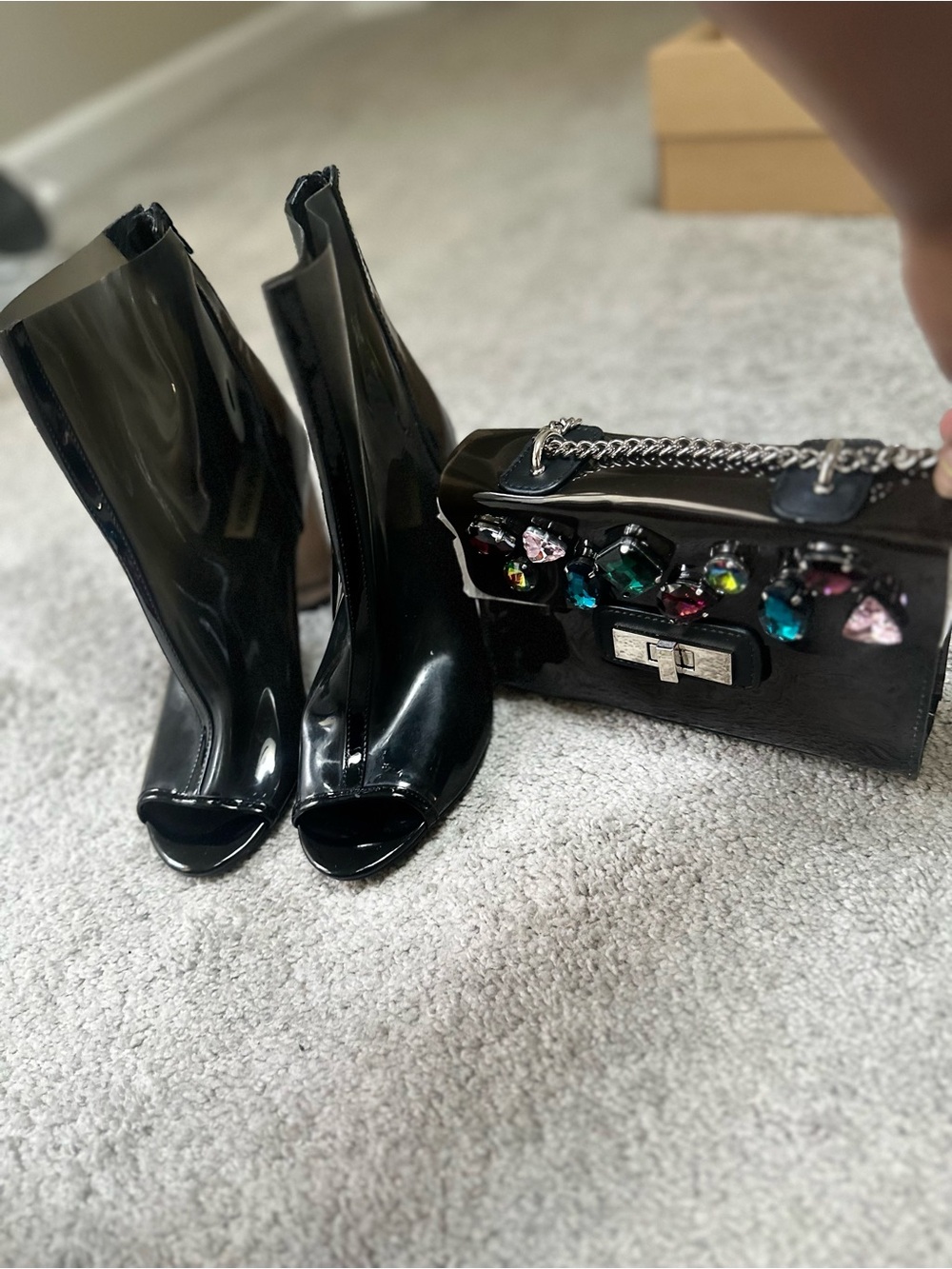 Steve Madden “Portal” Smoke PVC Peep-Toe Ankle Booties/Matching Bag